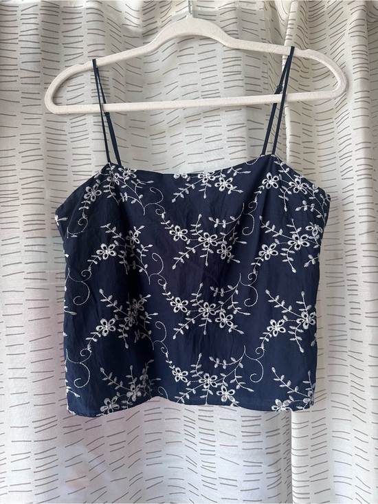June & Ivy Tops - Navy Floral Embroidered Spaghetti Strap Tank Top